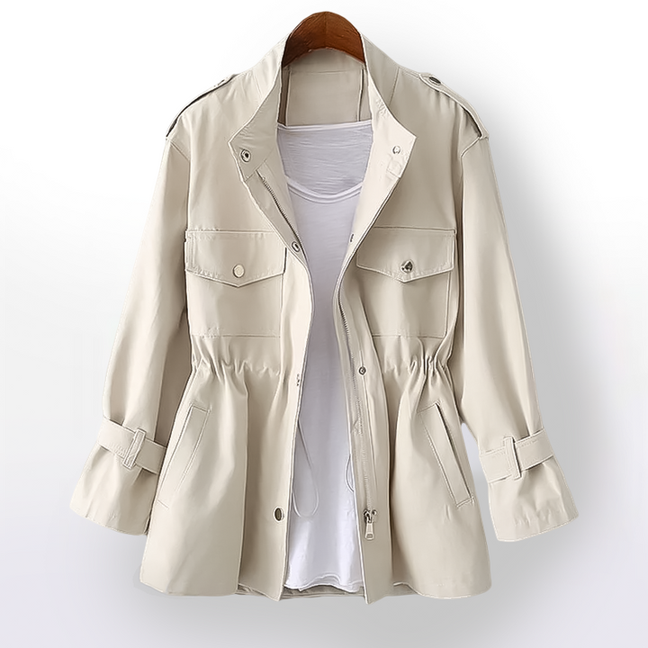 Women's classic beige trenchcoat with belted waist, notch collar, and structured fit for elegant workwear & fall fashion.
