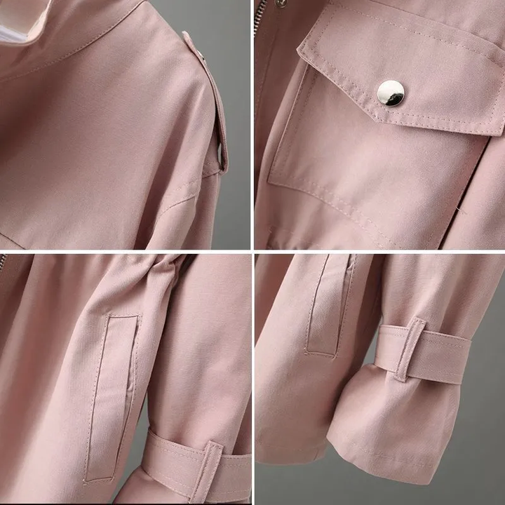 Women's classic trench coat in beige, featuring a belted waist, notch collar, and structured silhouette for workwear.