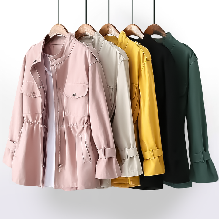 Versatile women's trench coat with classic notch collar, belted design, and structured look for professional fall fashion.