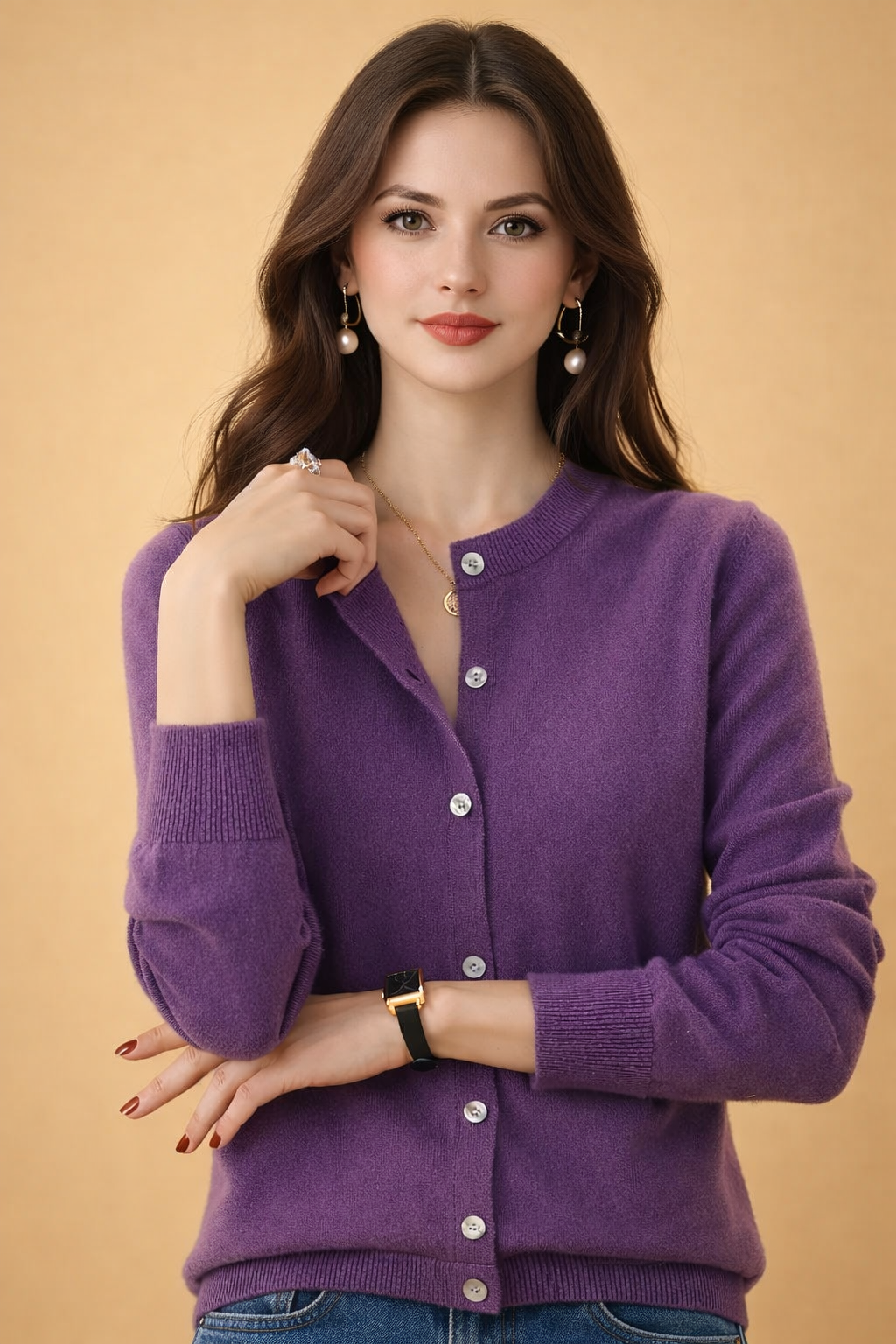 Soft women's knit cardigan, versatile button-front layering piece for casual wear or office attire. Comfortable.