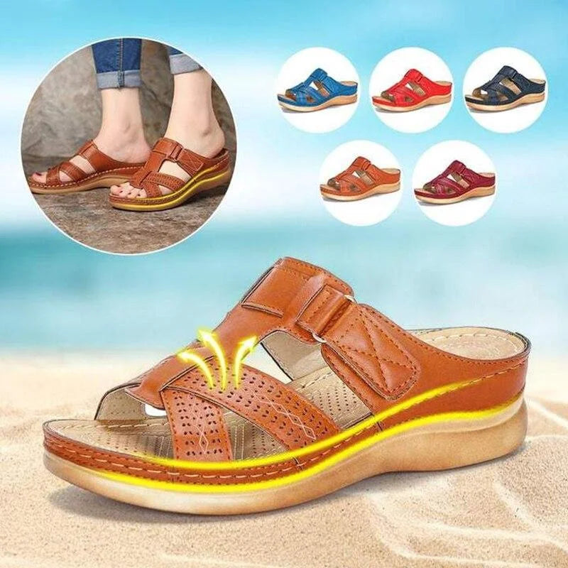 Black women's comfort sandals, orthopedic design with arch support & cushioned footbed for stability.