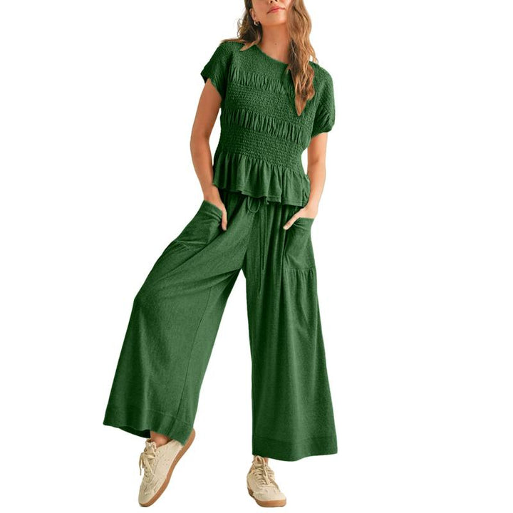 Soft cotton blend women's smocked two-piece set, perfect for comfortable casual wear and elegant lounging.