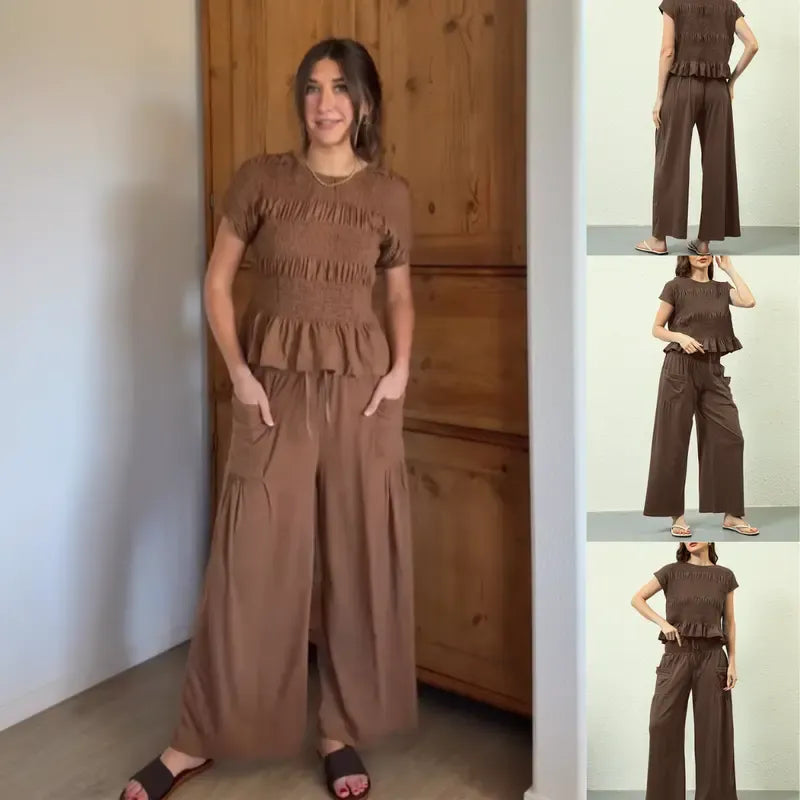 Stylish women's smocked top and wide-leg pant set. Made from comfortable cotton blend fabric, casual chic.
