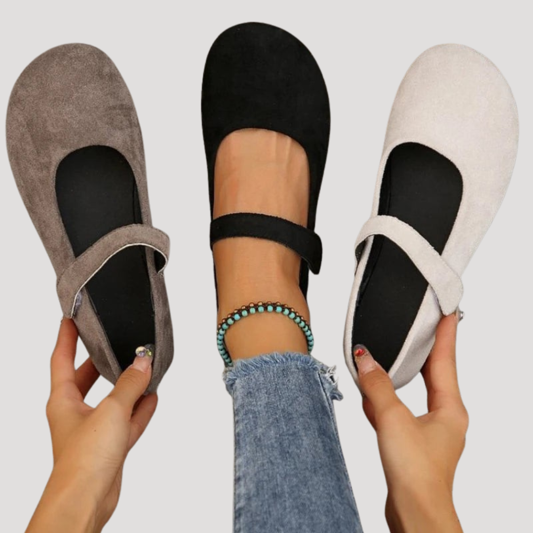 Stylish women's Mary Jane flats, velcro closure, cushioned for support, and round toe for ultimate comfort.