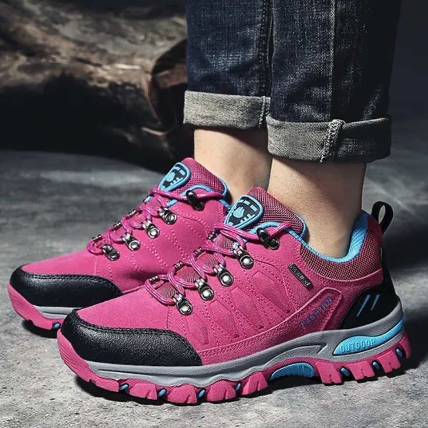 Women's comfortable pink & gray trail hiking shoes, durable outdoor footwear for rugged terrain
