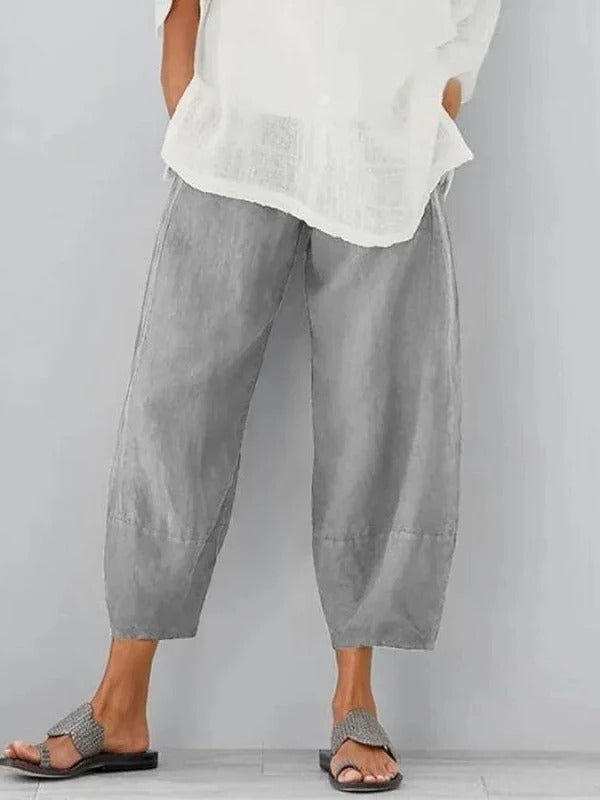 Stylish women's pull-on linen leisure pants. Versatile comfy trousers ideal for travel & summer fashion.
