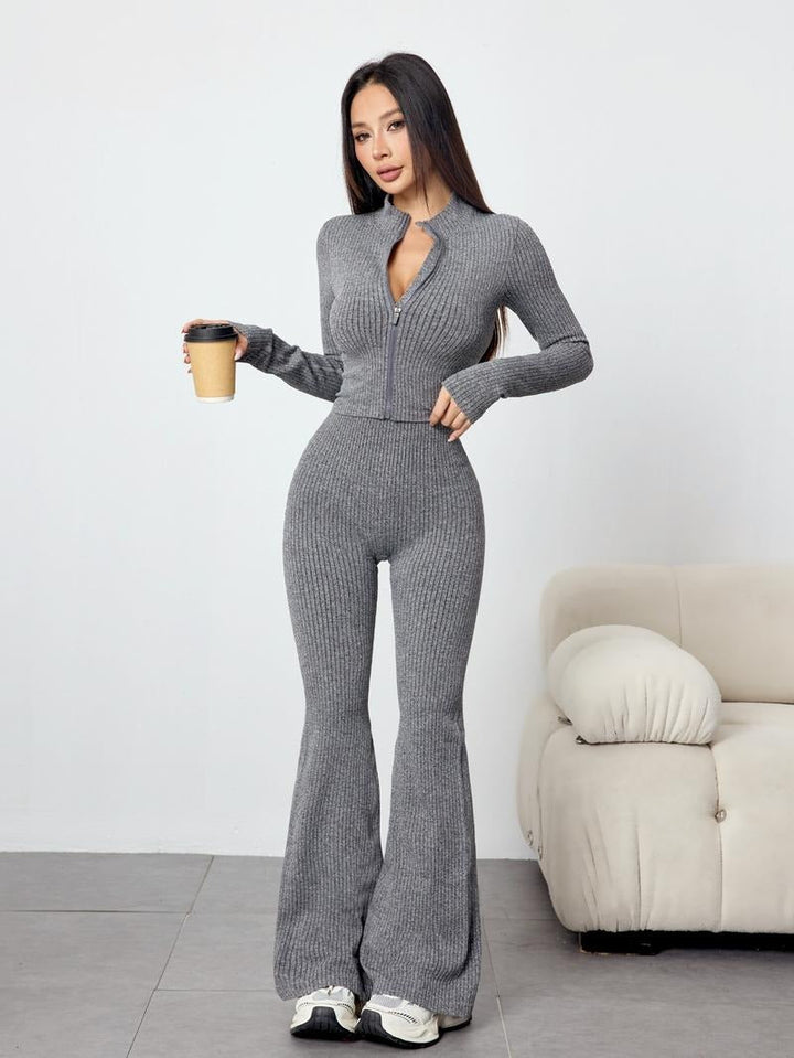 Elegant women's ribbed knit flare pant and long sleeve top set. Stretchy, casual & comfortable loungewear.