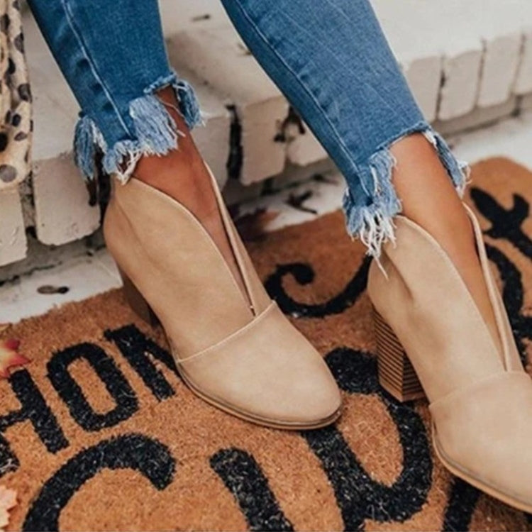 Elegant women's V-cut ankle boots for comfortable everyday wear. Ideal stylish footwear for fall & winter outfits.