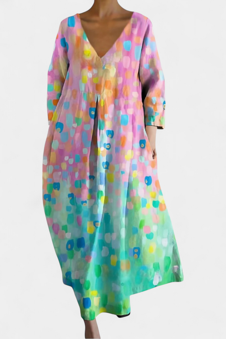 Elegant V-neck maxi dress for women, comfortable flowy fit in blue, perfect for summer fashion and casual wear.