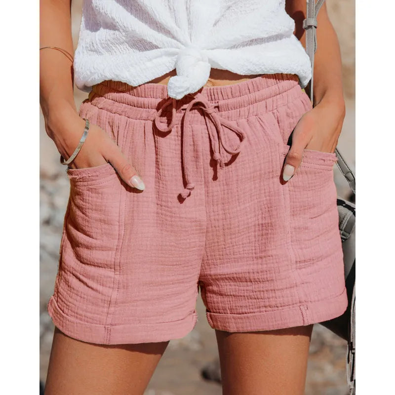 Women's comfy drawstring waist shorts with pockets, ideal for relaxed everyday wear.