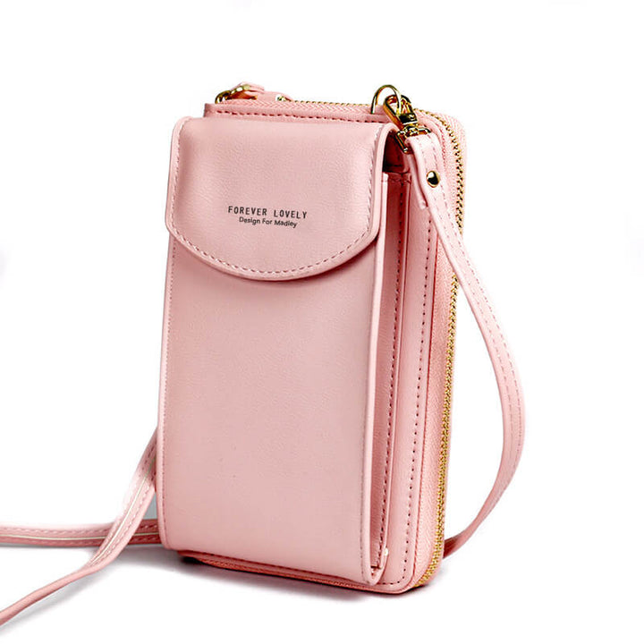 Sleek women's PU leather crossbody bag, compact design, adjustable strap.