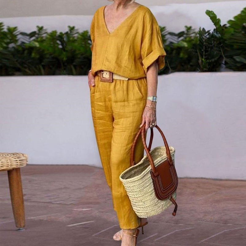 Effortless women's two-piece cotton linen casual outfit, versatile for summer lounging.
