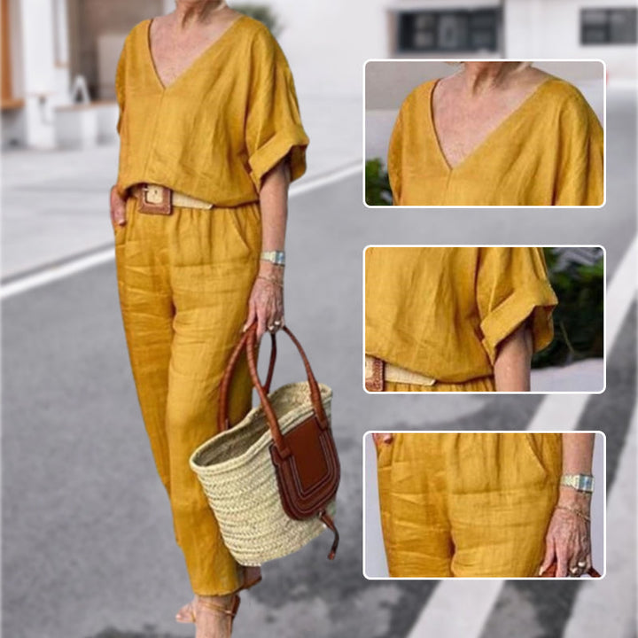 Stylish V-neck women's cotton linen two-piece set, ideal comfort wear for warm weather.