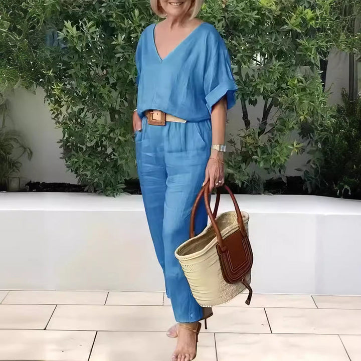 Women's summer two-piece outfit featuring a relaxed fit and soft cotton linen fabric.