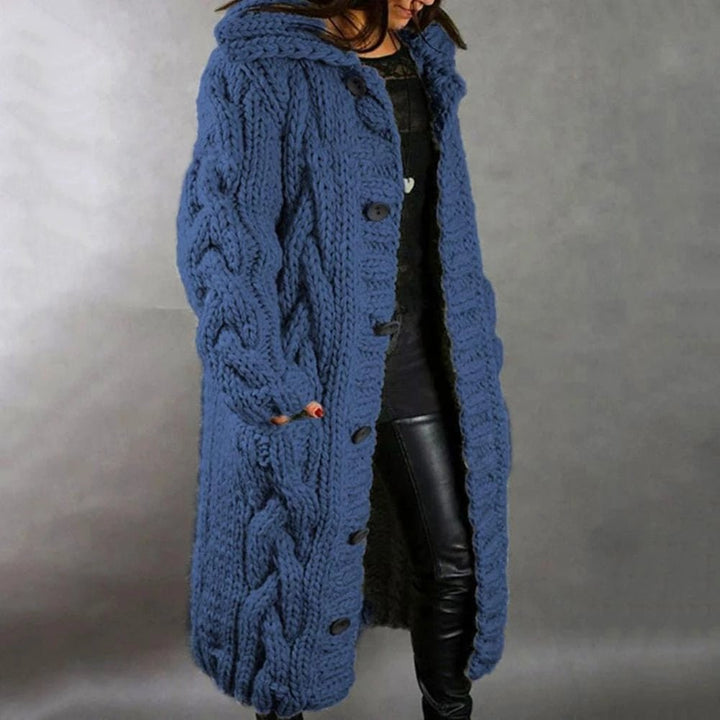 Women's cozy cable knit maxi cardigan with hood, perfect warm outerwear for fall & winter fashion.