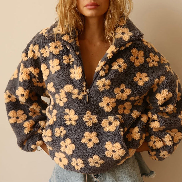 Oversized floral sherpa pullover for women. Boho style, warm and casual fleece sweater.