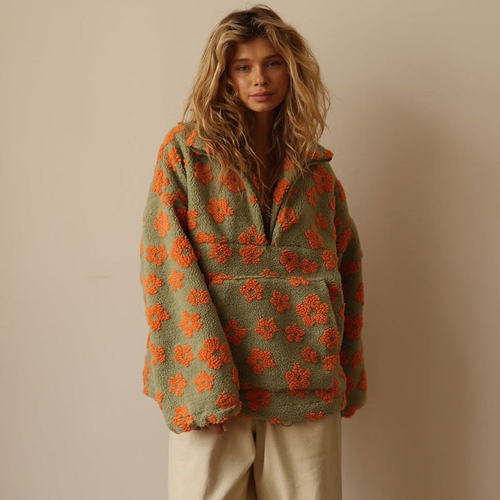 Floral print sherpa pullover for women. Soft, warm & oversized fleece top. Great for cozy winter wear.