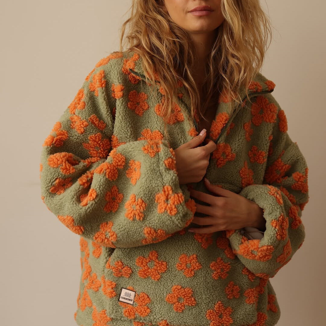 Boho floral sherpa fleece pullover for women. Comfortable oversized sweater, perfect for chilly fall days.