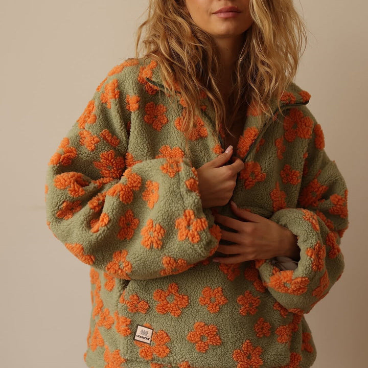 Boho floral sherpa fleece pullover for women. Comfortable oversized sweater, perfect for chilly fall days.