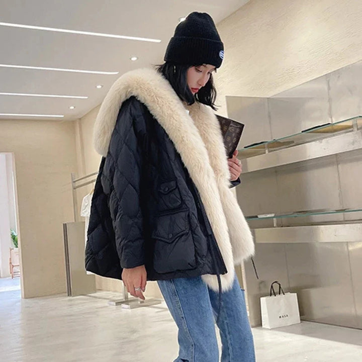 Cozy women's fur collar winter jacket. Stylish & warm outerwear, great for fall fashion outfits.