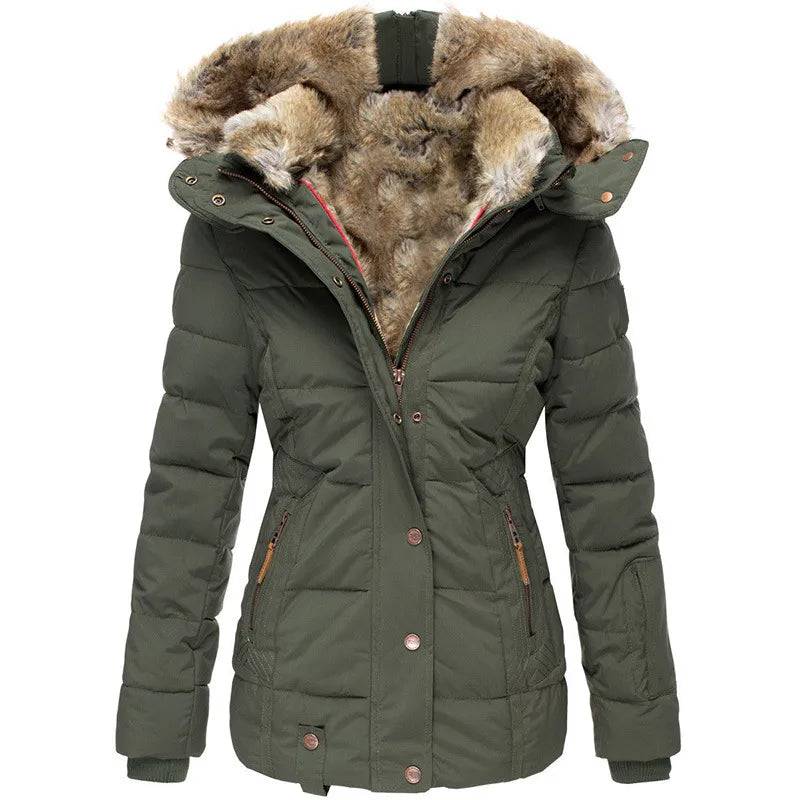 Women's cozy fur-lined winter jacket, perfect for cold weather. Stylish and warm everyday outerwear.