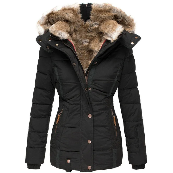 Luxurious fur-lined women's winter jacket, offering superior warmth and protection against the cold.