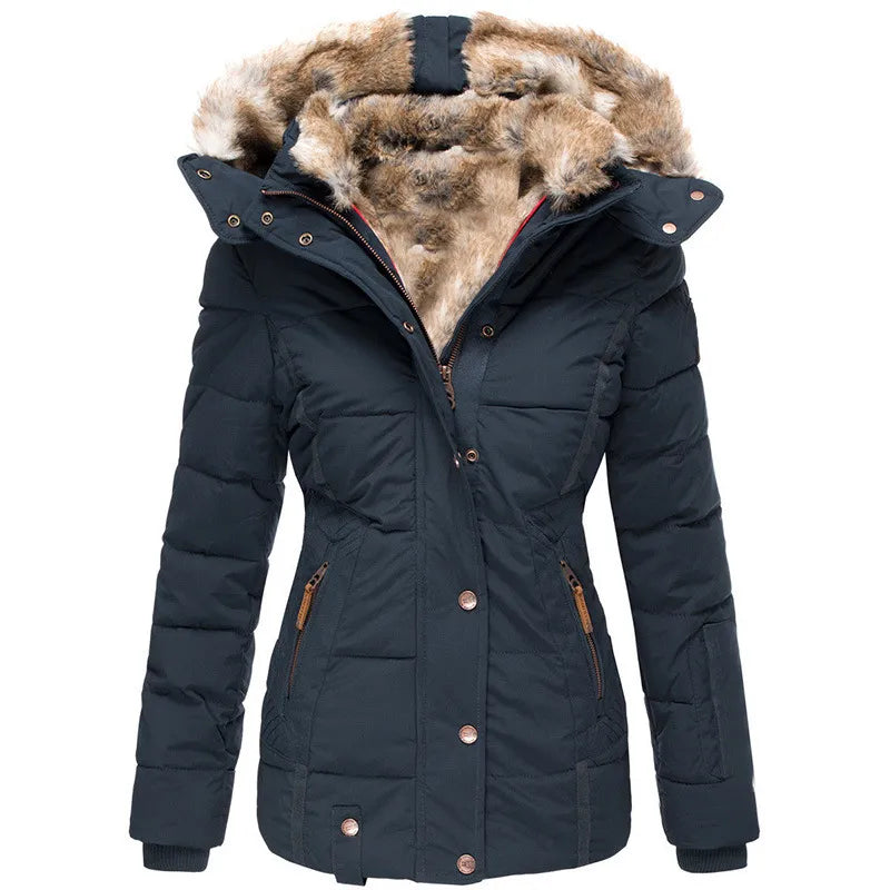 Stylish women's fur-lined warm coat, perfect for winter fashion and cozy cold weather adventures.