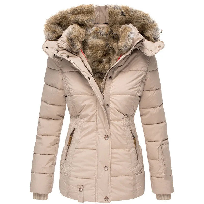 Elegant women's fur-lined winter jacket, designed for a cozy fit and ultimate warmth in cold weather.