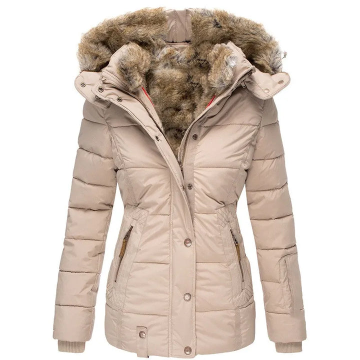 Elegant women's fur-lined winter jacket, designed for a cozy fit and ultimate warmth in cold weather.