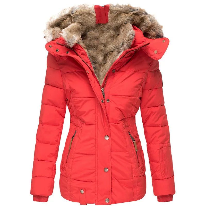 Cozy women's fur-lined winter jacket. A warm, stylish and fashionable cold-weather outerwear choice.