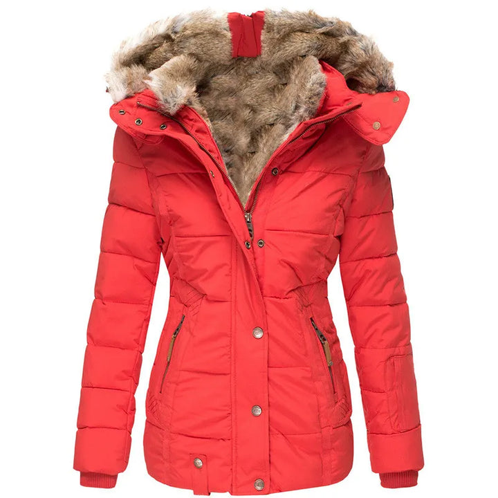 Cozy women's fur-lined winter jacket. A warm, stylish and fashionable cold-weather outerwear choice.