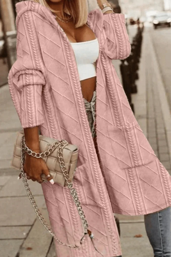 Stylish women's long hooded cardigan, ideal for casual layering & comfort. A fall fashion essential.
