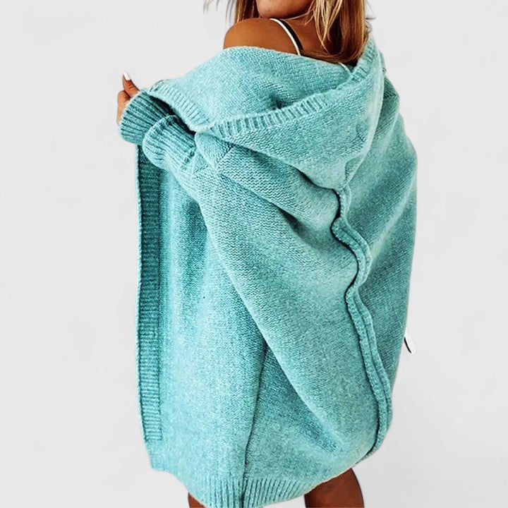 Soft & cozy hooded open-front cardigan for women, excellent for relaxed casual wear and fall layering.