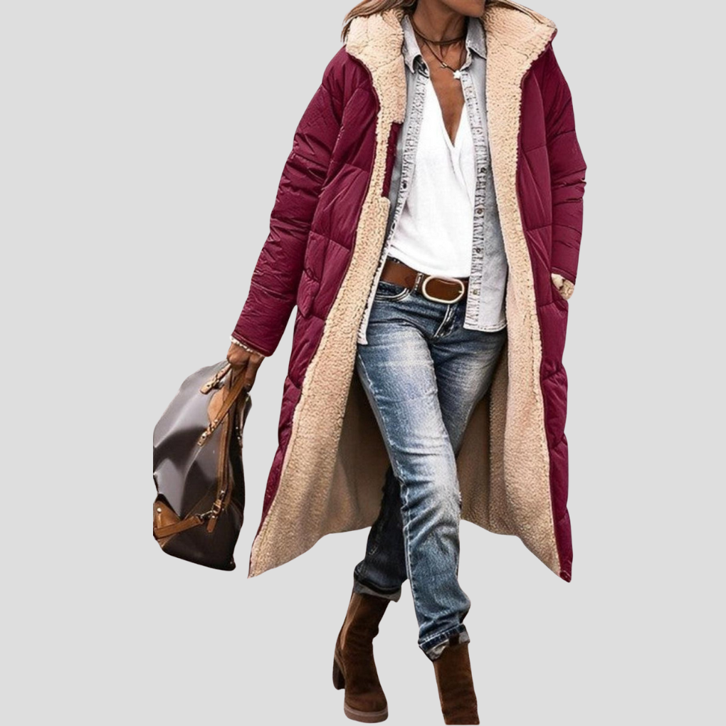Stylish women's hooded winter jacket, reversible design, perfect for everyday cold weather fashion.