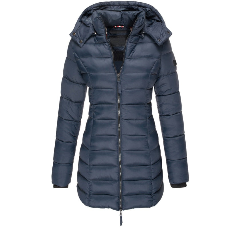 Women's cozy insulated hooded winter jacket in a stylish color, perfect for cold weather outerwear.