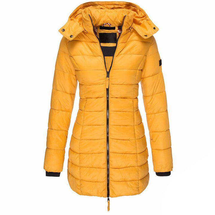 Warm women's hooded winter coat with advanced insulation, ideal for fall and cold weather protection.