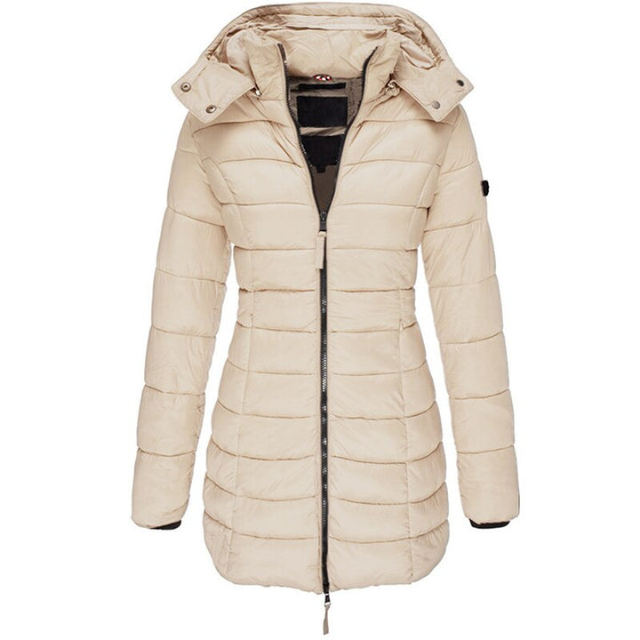 Stylish women's cozy winter jacket, insulated and hooded for ultimate warmth & comfort in cold weather.