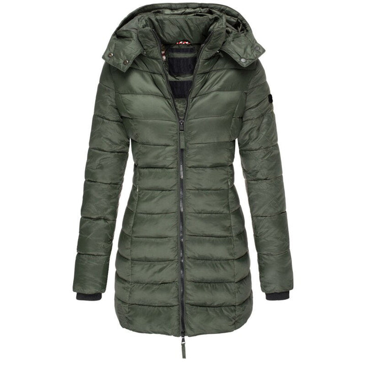 Everyday wear women's insulated winter jacket with hood, providing cozy warmth for cold weather and fall.