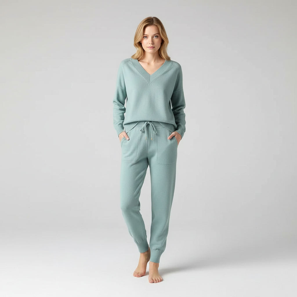 Elegant women's knit two-piece set with a relaxed v-neck top & comfortable matching trousers.