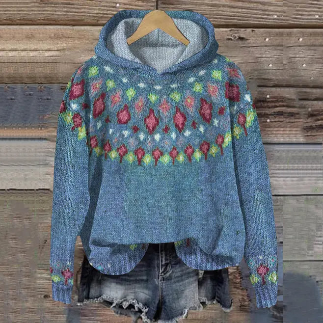Stylish women's Nordic print hoodie, a warm pullover ideal for winter coziness and Scandinavian casual wear.