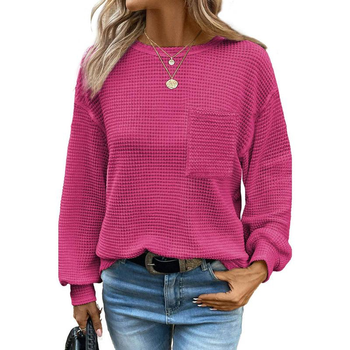 Soft women's oversized long sleeve crewneck blouse, a cozy essential for chilly fall & winter days.