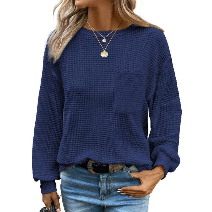 Warm women's oversized long sleeve crewneck blouse, a perfect cozy top for fall outfits & winter layering.