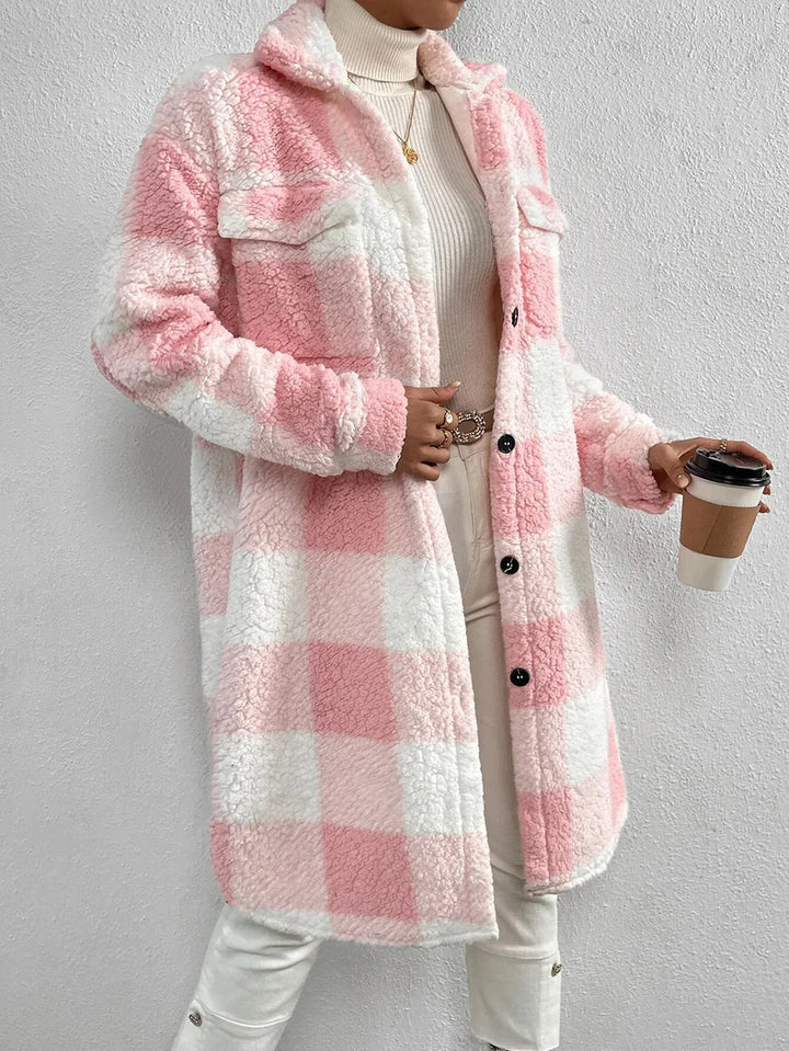 Trendy women's long plaid coat. Warm button-up outerwear with a cozy feel for winter.