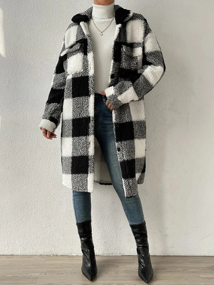 Warm longline plaid coat for women. Button-up casual outerwear for comfortable winter style.