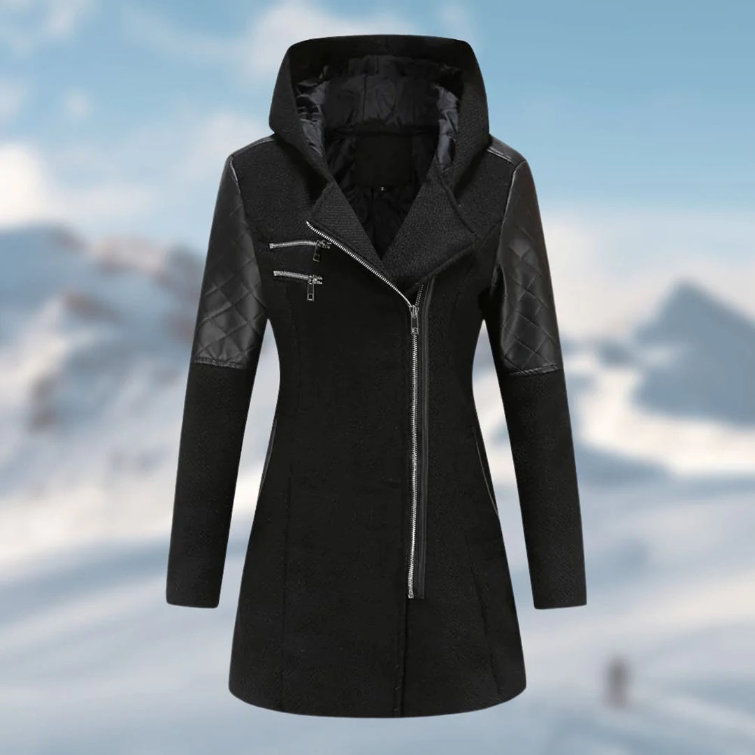 Women's long sleeve quilted winter jacket, warm and fashionable for cold weather days.