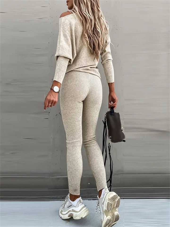 Chic high-waisted ribbed knit set for women, casual yet stylish.