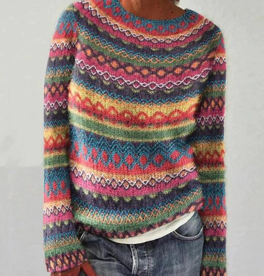 Comfortable women's autumn striped knit sweater with a cozy design, ideal for casual everyday wear.