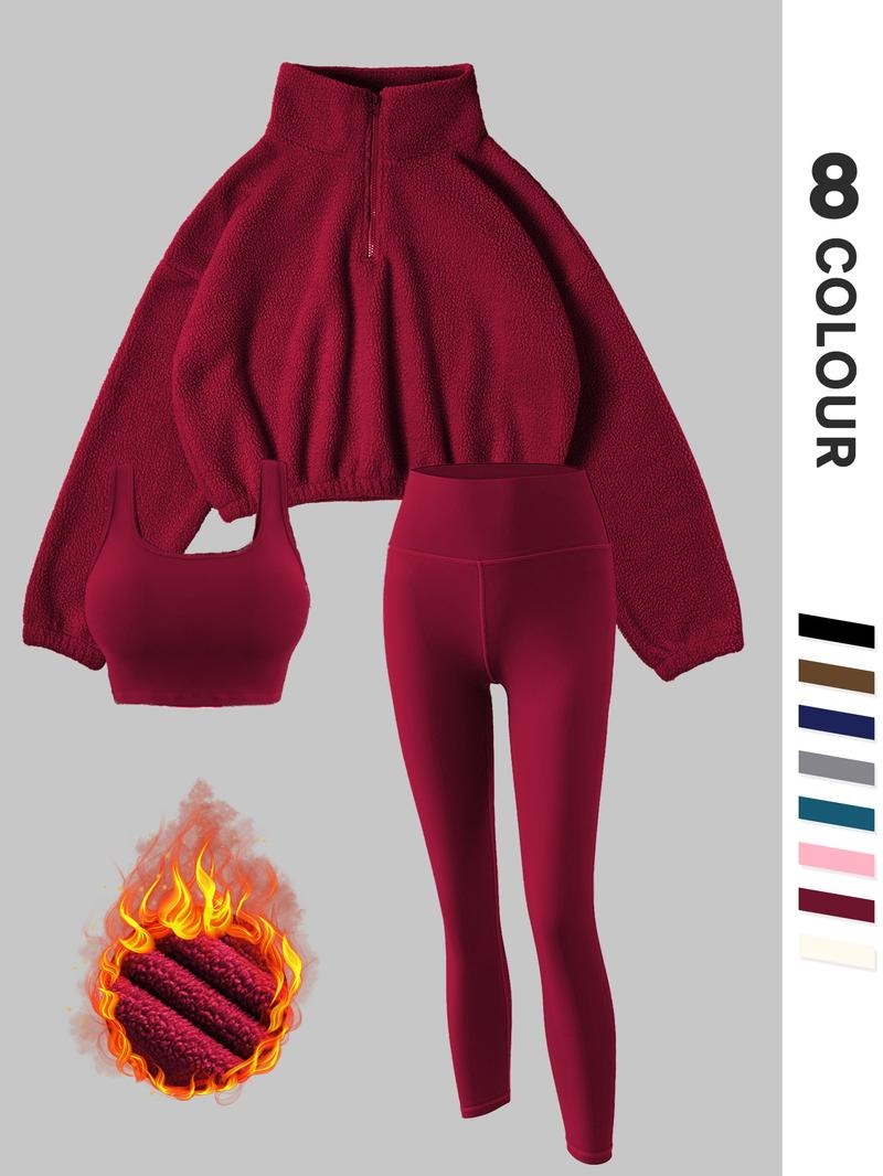 Cozy women's thermal fleece outfit, combining a soft long-sleeve top and stretchy leggings for everyday wear.