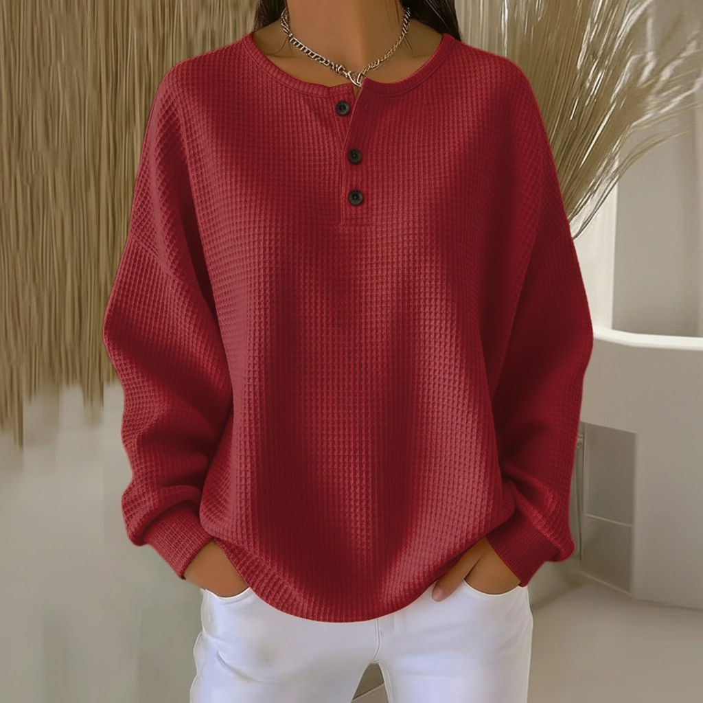 Stylish women's waffle knit sweater designed for effortless all-day comfort. A cozy, long-sleeve top for fall fashion.