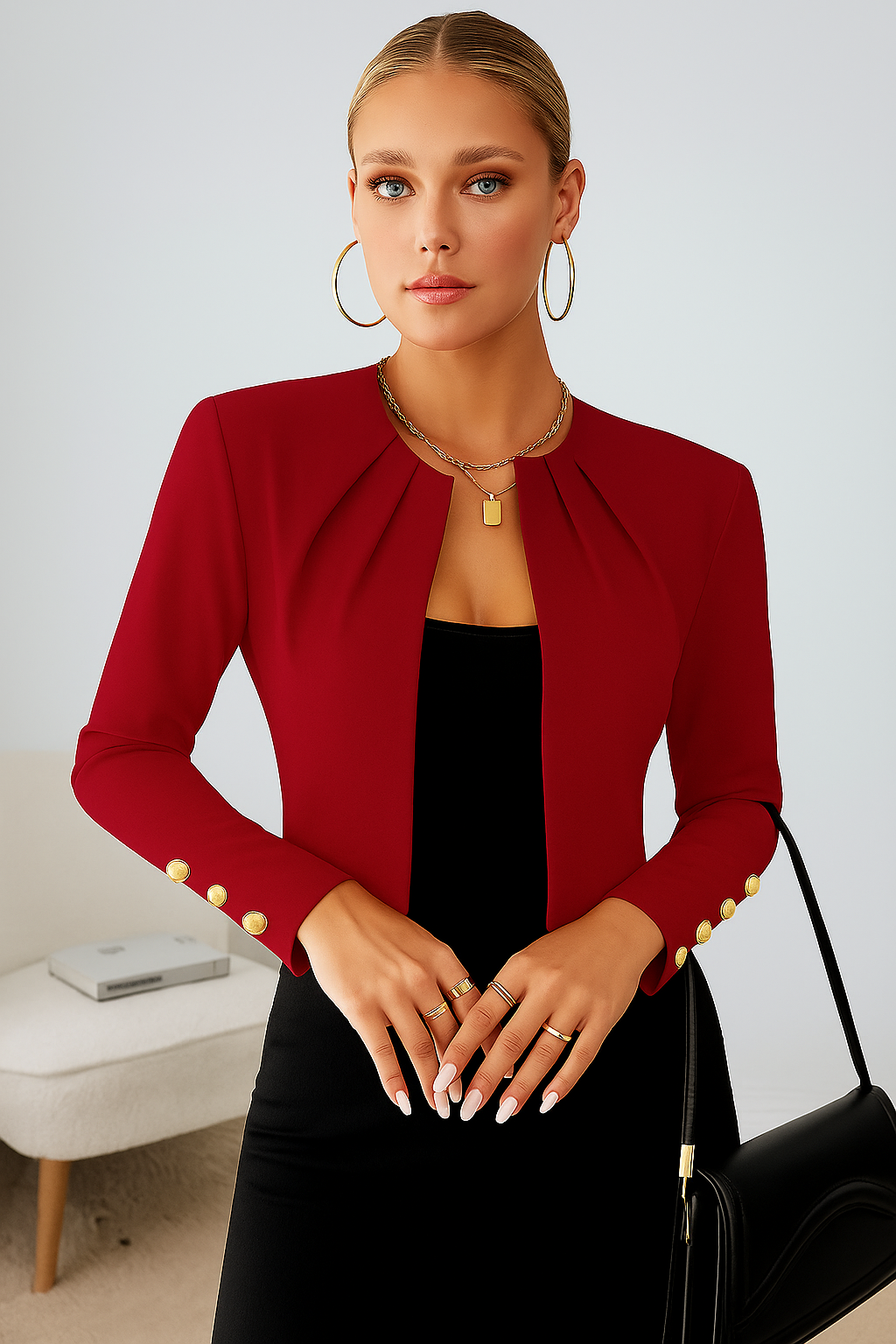 Structured women's cropped tailored blazer, offering a chic and polished look for business and formal occasions.